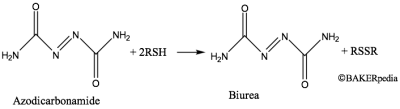 氮杂胆管酰胺在面团中氧化巯基（SH）基团（ADA的成熟作用）。